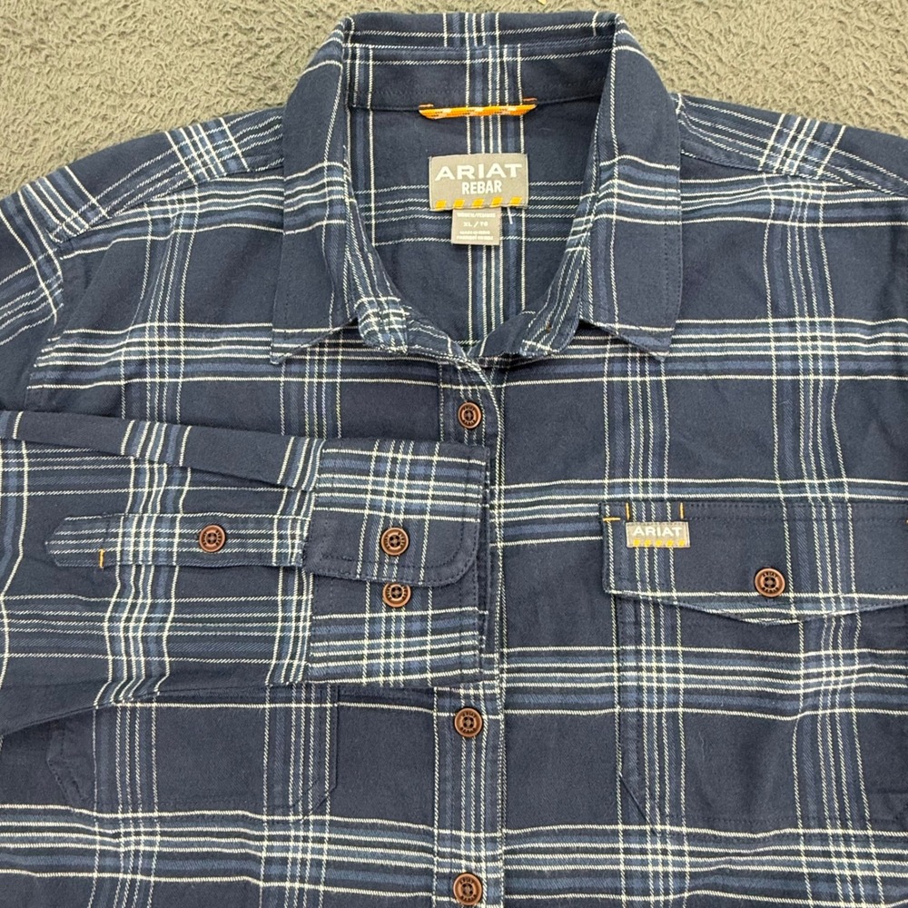 Ariat Rebar Flannel Work Shirt Womens XL‎ Navy Plaid DuraStretch Button Down NEW